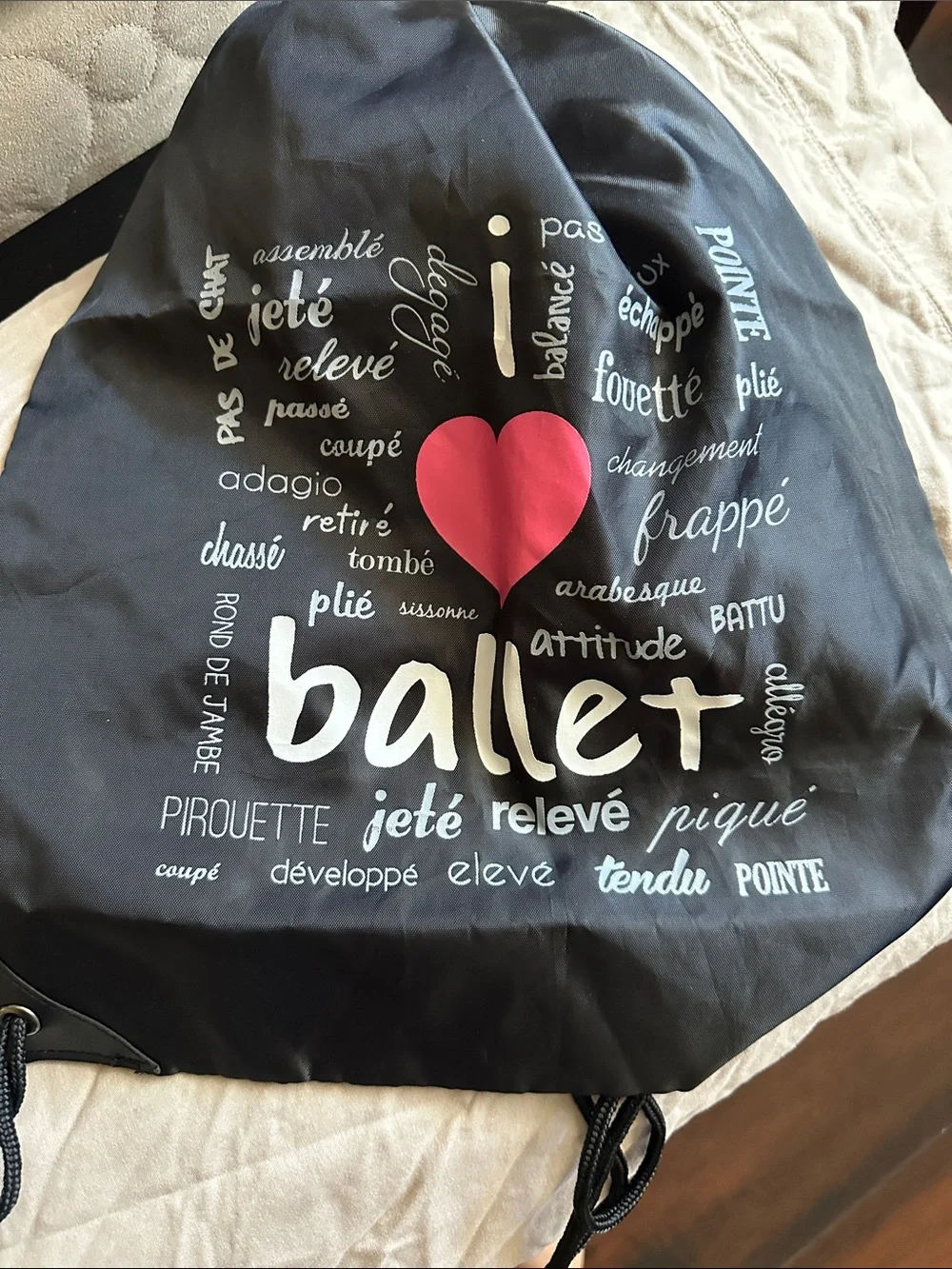 New in plastic Ballet Drawstring Gym Bag - Black with Pink Heart lightweight